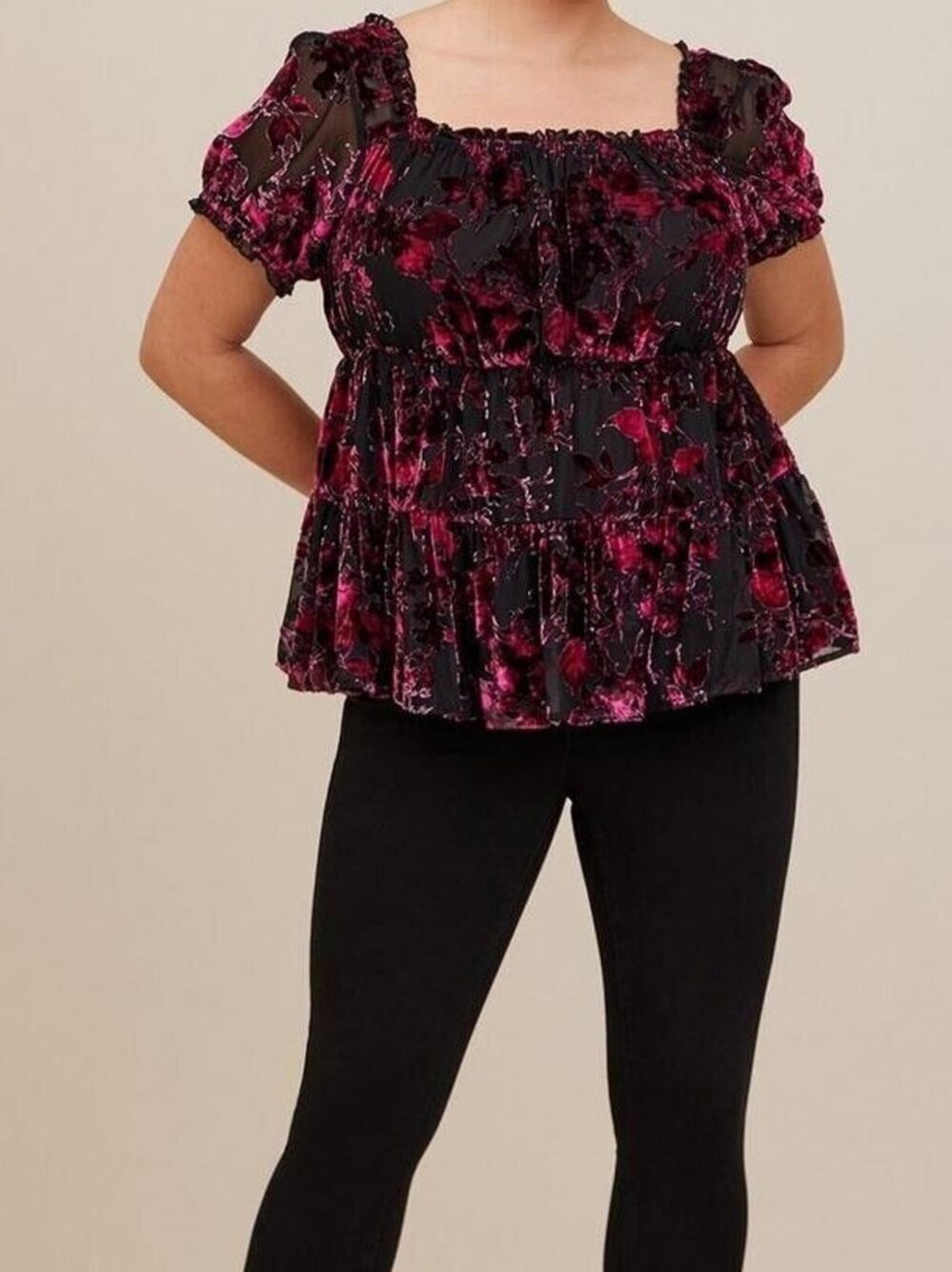 Torrid Velvet Floral Puff Sleeve Peplum Top Black Pink Alt Whimsigoth Womens Si
